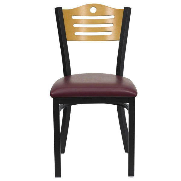 English Elm HERCULES Series Metal Slat-Back Chair - Stylish, Durable Seating for Restaurants, Cafes, and Homes Natural Wood Back/Burgundy Vinyl Seat/Black Metal Frame XU-DG-6G7B-SLAT-BURV-GG