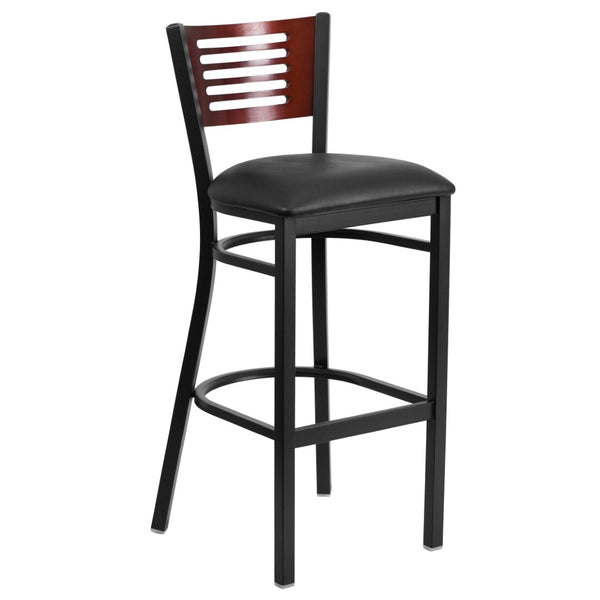 English Elm HERCULES Series Durable Metal Barstool with Comfortable Padded Seat and Elegant Slat Back Design Mahogany Wood Back/Black Vinyl Seat/Black Metal Frame XU-DG-6H1B-MAH-BAR-BLKV-GG