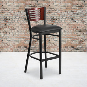 English Elm HERCULES Series Durable Metal Barstool with Comfortable Padded Seat and Elegant Slat Back Design Mahogany Wood Back/Black Vinyl Seat/Black Metal Frame XU-DG-6H1B-MAH-BAR-BLKV-GG
