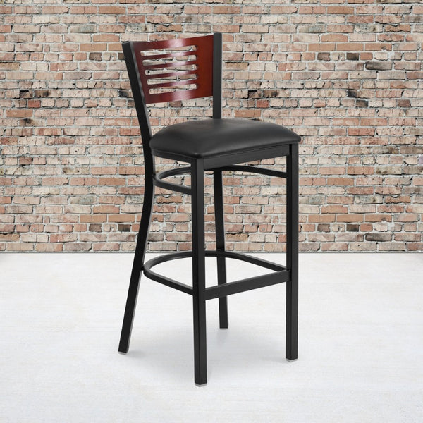English Elm HERCULES Series Durable Metal Barstool with Comfortable Padded Seat and Elegant Slat Back Design Mahogany Wood Back/Black Vinyl Seat/Black Metal Frame XU-DG-6H1B-MAH-BAR-BLKV-GG