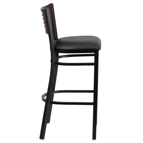 English Elm HERCULES Series Durable Metal Barstool with Comfortable Padded Seat and Elegant Slat Back Design Mahogany Wood Back/Black Vinyl Seat/Black Metal Frame XU-DG-6H1B-MAH-BAR-BLKV-GG