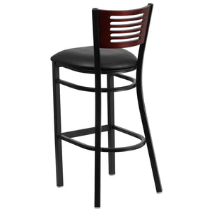 English Elm HERCULES Series Durable Metal Barstool with Comfortable Padded Seat and Elegant Slat Back Design Mahogany Wood Back/Black Vinyl Seat/Black Metal Frame XU-DG-6H1B-MAH-BAR-BLKV-GG