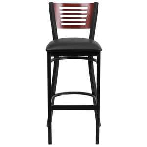 English Elm HERCULES Series Durable Metal Barstool with Comfortable Padded Seat and Elegant Slat Back Design Mahogany Wood Back/Black Vinyl Seat/Black Metal Frame XU-DG-6H1B-MAH-BAR-BLKV-GG
