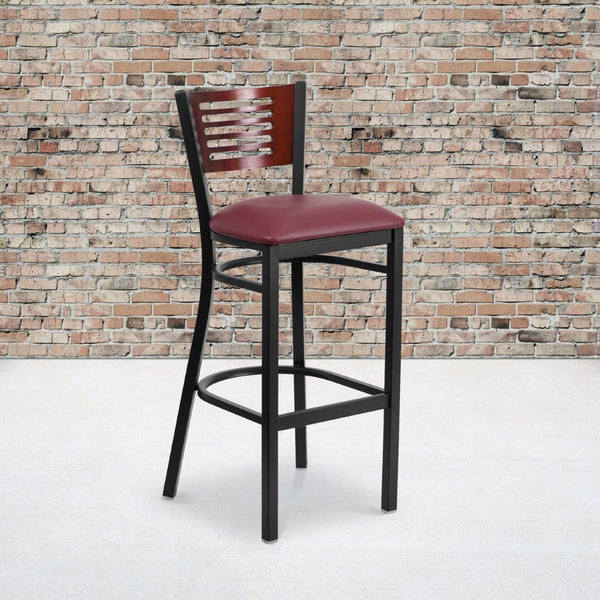 English Elm HERCULES Series Durable Metal Barstool with Comfortable Padded Seat and Elegant Slat Back Design Mahogany Wood Back/Burgundy Vinyl Seat/Black Metal Frame XU-DG-6H1B-MAH-BAR-BURV-GG