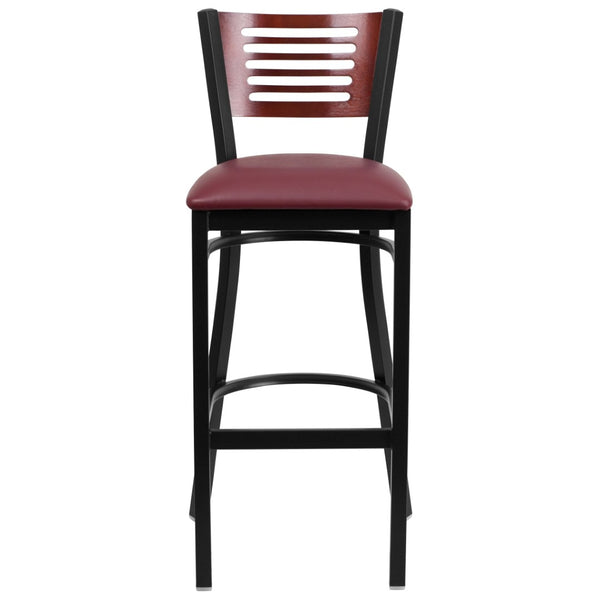 English Elm HERCULES Series Durable Metal Barstool with Comfortable Padded Seat and Elegant Slat Back Design Mahogany Wood Back/Burgundy Vinyl Seat/Black Metal Frame XU-DG-6H1B-MAH-BAR-BURV-GG