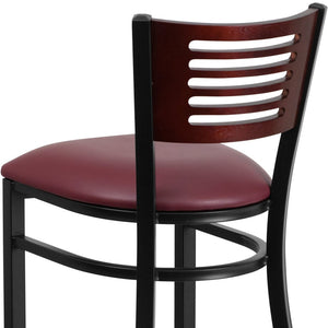 English Elm HERCULES Series Durable Metal Barstool with Comfortable Padded Seat and Elegant Slat Back Design Mahogany Wood Back/Burgundy Vinyl Seat/Black Metal Frame XU-DG-6H1B-MAH-BAR-BURV-GG