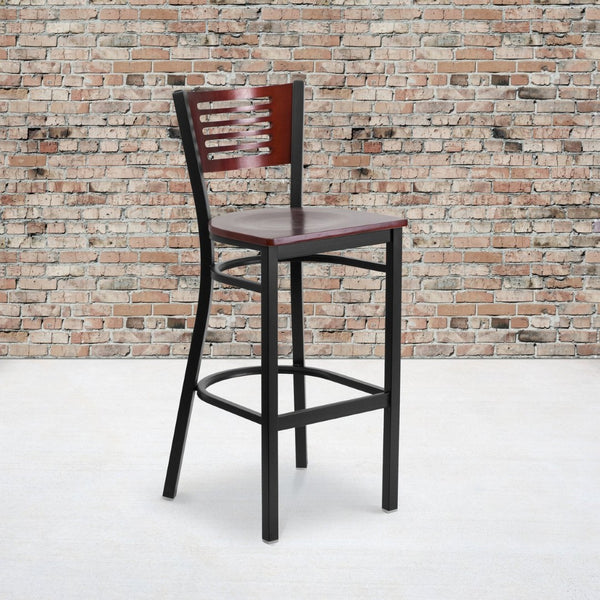 English Elm HERCULES Series Durable Metal Barstool with Comfortable Padded Seat and Elegant Slat Back Design Mahogany Wood Back/Mahogany Wood Seat/Black Metal Frame XU-DG-6H1B-MAH-BAR-MTL-GG