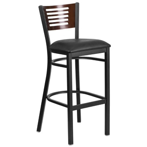 English Elm HERCULES Series Durable Metal Barstool with Comfortable Padded Seat and Elegant Slat Back Design Walnut Wood Back/Black Vinyl Seat/Black Metal Frame XU-DG-6H1B-WAL-BAR-BLKV-GG