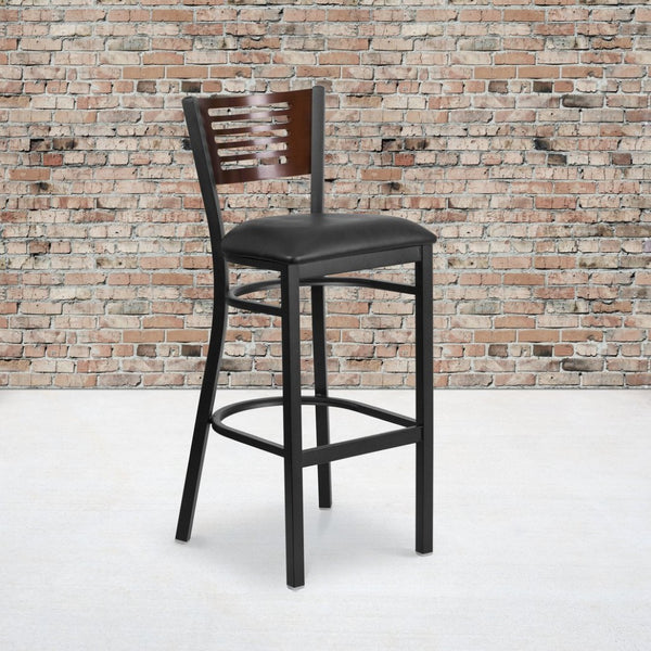 English Elm HERCULES Series Durable Metal Barstool with Comfortable Padded Seat and Elegant Slat Back Design Walnut Wood Back/Black Vinyl Seat/Black Metal Frame XU-DG-6H1B-WAL-BAR-BLKV-GG