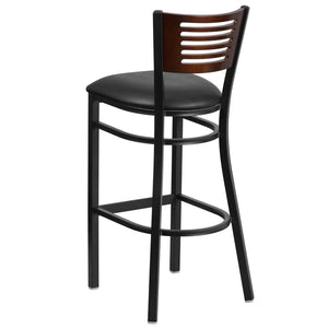 English Elm HERCULES Series Durable Metal Barstool with Comfortable Padded Seat and Elegant Slat Back Design Walnut Wood Back/Black Vinyl Seat/Black Metal Frame XU-DG-6H1B-WAL-BAR-BLKV-GG