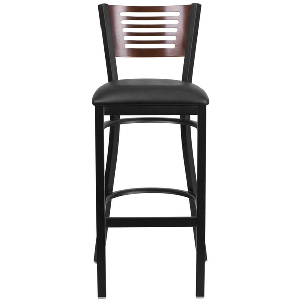 English Elm HERCULES Series Durable Metal Barstool with Comfortable Padded Seat and Elegant Slat Back Design Walnut Wood Back/Black Vinyl Seat/Black Metal Frame XU-DG-6H1B-WAL-BAR-BLKV-GG