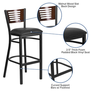 English Elm HERCULES Series Durable Metal Barstool with Comfortable Padded Seat and Elegant Slat Back Design Walnut Wood Back/Black Vinyl Seat/Black Metal Frame XU-DG-6H1B-WAL-BAR-BLKV-GG