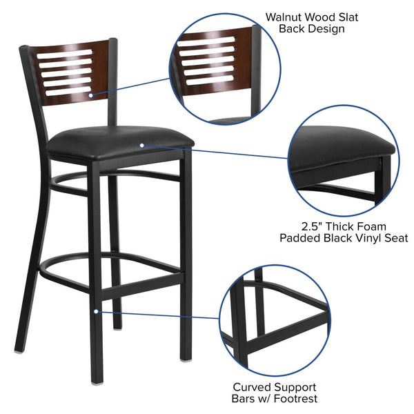 English Elm HERCULES Series Durable Metal Barstool with Comfortable Padded Seat and Elegant Slat Back Design Walnut Wood Back/Black Vinyl Seat/Black Metal Frame XU-DG-6H1B-WAL-BAR-BLKV-GG