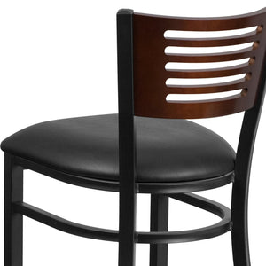 English Elm HERCULES Series Durable Metal Barstool with Comfortable Padded Seat and Elegant Slat Back Design Walnut Wood Back/Black Vinyl Seat/Black Metal Frame XU-DG-6H1B-WAL-BAR-BLKV-GG