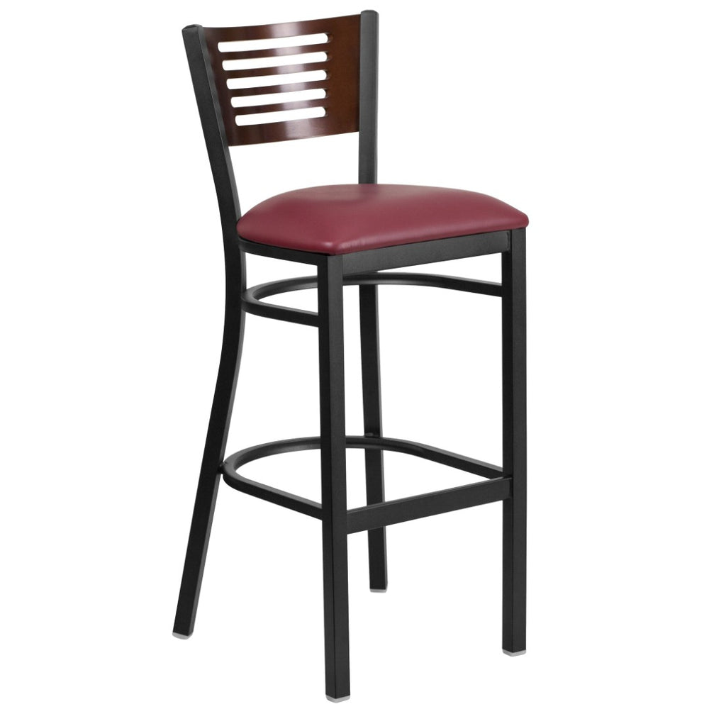 English Elm HERCULES Series Durable Metal Barstool with Comfortable Padded Seat and Elegant Slat Back Design Walnut Wood Back/Burgundy Vinyl Seat/Black Metal Frame XU-DG-6H1B-WAL-BAR-BURV-GG