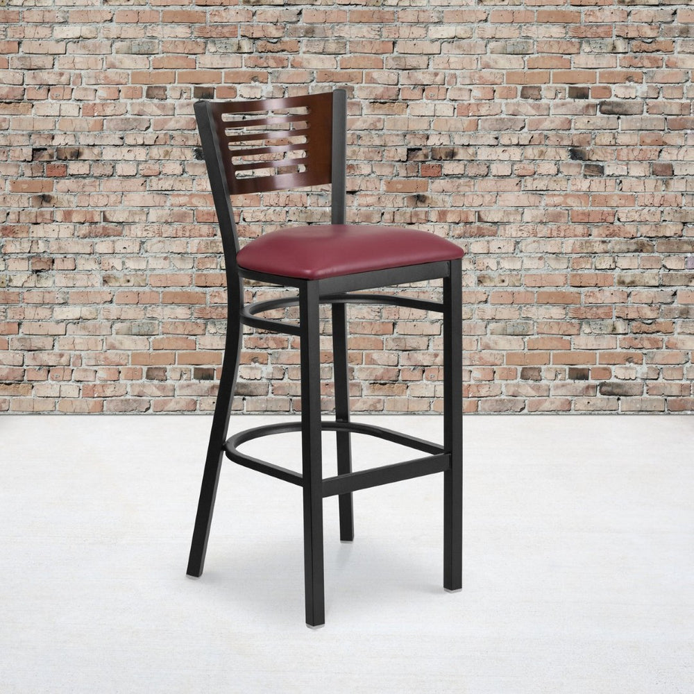 English Elm HERCULES Series Durable Metal Barstool with Comfortable Padded Seat and Elegant Slat Back Design Walnut Wood Back/Burgundy Vinyl Seat/Black Metal Frame XU-DG-6H1B-WAL-BAR-BURV-GG