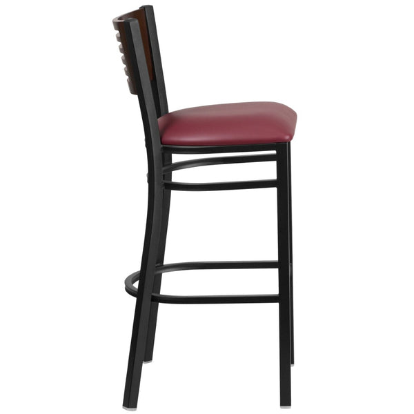 English Elm HERCULES Series Durable Metal Barstool with Comfortable Padded Seat and Elegant Slat Back Design Walnut Wood Back/Burgundy Vinyl Seat/Black Metal Frame XU-DG-6H1B-WAL-BAR-BURV-GG