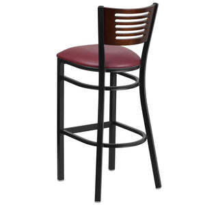 English Elm HERCULES Series Durable Metal Barstool with Comfortable Padded Seat and Elegant Slat Back Design Walnut Wood Back/Burgundy Vinyl Seat/Black Metal Frame XU-DG-6H1B-WAL-BAR-BURV-GG