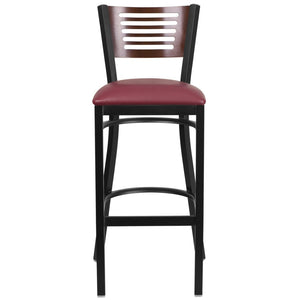English Elm HERCULES Series Durable Metal Barstool with Comfortable Padded Seat and Elegant Slat Back Design Walnut Wood Back/Burgundy Vinyl Seat/Black Metal Frame XU-DG-6H1B-WAL-BAR-BURV-GG