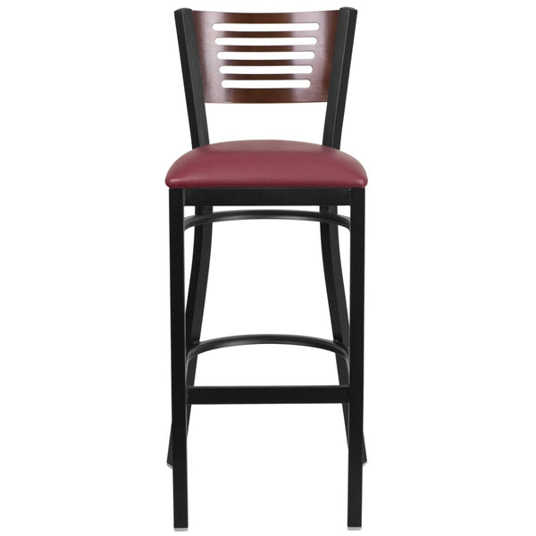 English Elm HERCULES Series Durable Metal Barstool with Comfortable Padded Seat and Elegant Slat Back Design Walnut Wood Back/Burgundy Vinyl Seat/Black Metal Frame XU-DG-6H1B-WAL-BAR-BURV-GG