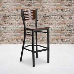 English Elm HERCULES Series Durable Metal Barstool with Comfortable Padded Seat and Elegant Slat Back Design Walnut Wood Back/Walnut Wood Seat/Black Metal Frame XU-DG-6H1B-WAL-BAR-MTL-GG