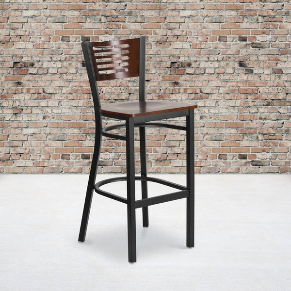English Elm HERCULES Series Durable Metal Barstool with Comfortable Padded Seat and Elegant Slat Back Design Walnut Wood Back/Walnut Wood Seat/Black Metal Frame XU-DG-6H1B-WAL-BAR-MTL-GG