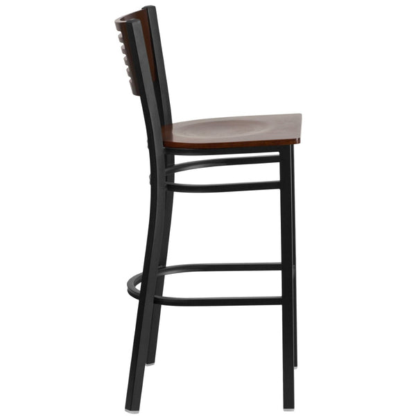 English Elm HERCULES Series Durable Metal Barstool with Comfortable Padded Seat and Elegant Slat Back Design Walnut Wood Back/Walnut Wood Seat/Black Metal Frame XU-DG-6H1B-WAL-BAR-MTL-GG