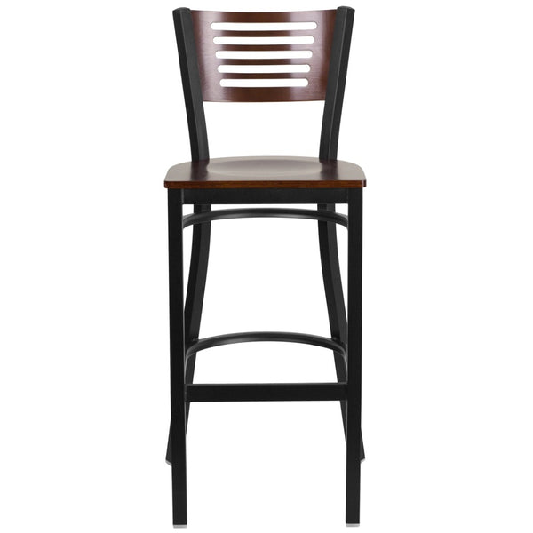 English Elm HERCULES Series Durable Metal Barstool with Comfortable Padded Seat and Elegant Slat Back Design Walnut Wood Back/Walnut Wood Seat/Black Metal Frame XU-DG-6H1B-WAL-BAR-MTL-GG