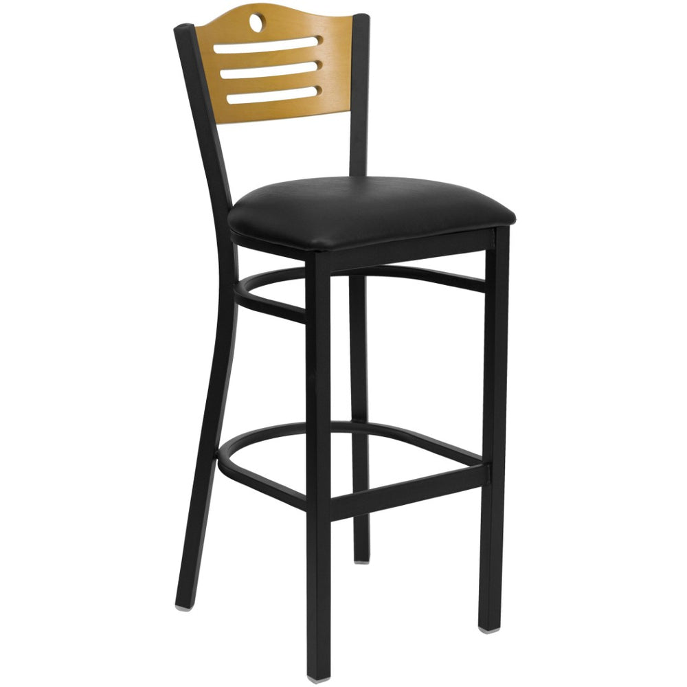 English Elm HERCULES Series Heavy-Duty Metal Barstool with Comfort Foam Seat and Stylish Wood Slat Back Design Natural Wood Back/Black Vinyl Seat/Black Metal Frame XU-DG-6H3B-SLAT-BAR-BLKV-GG