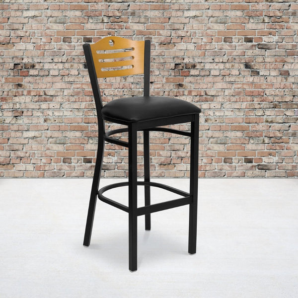 English Elm HERCULES Series Heavy-Duty Metal Barstool with Comfort Foam Seat and Stylish Wood Slat Back Design Natural Wood Back/Black Vinyl Seat/Black Metal Frame XU-DG-6H3B-SLAT-BAR-BLKV-GG