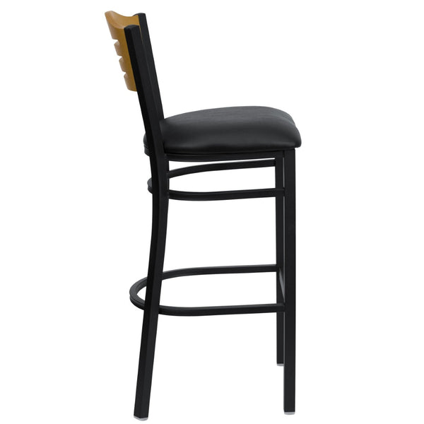 English Elm HERCULES Series Heavy-Duty Metal Barstool with Comfort Foam Seat and Stylish Wood Slat Back Design Natural Wood Back/Black Vinyl Seat/Black Metal Frame XU-DG-6H3B-SLAT-BAR-BLKV-GG