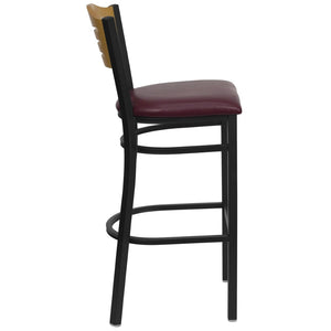 English Elm HERCULES Series Heavy-Duty Metal Barstool with Comfort Foam Seat and Stylish Wood Slat Back Design Natural Wood Back/Burgundy Vinyl Seat/Black Metal Frame XU-DG-6H3B-SLAT-BAR-BURV-GG