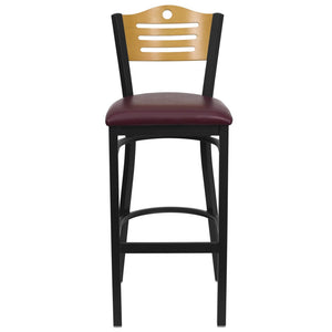 English Elm HERCULES Series Heavy-Duty Metal Barstool with Comfort Foam Seat and Stylish Wood Slat Back Design Natural Wood Back/Burgundy Vinyl Seat/Black Metal Frame XU-DG-6H3B-SLAT-BAR-BURV-GG