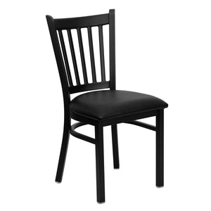 English Elm HERCULES Series Heavy-Duty Vertical Back Metal Restaurant Chair with Comfortable Foam-Padded Seat Black Vinyl Seat/Black Metal Frame XU-DG-6Q2B-VRT-BLKV-GG