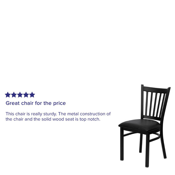 English Elm HERCULES Series Heavy-Duty Vertical Back Metal Restaurant Chair with Comfortable Foam-Padded Seat Black Vinyl Seat/Black Metal Frame XU-DG-6Q2B-VRT-BLKV-GG