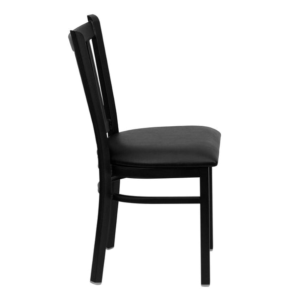 English Elm HERCULES Series Heavy-Duty Vertical Back Metal Restaurant Chair with Comfortable Foam-Padded Seat Black Vinyl Seat/Black Metal Frame XU-DG-6Q2B-VRT-BLKV-GG
