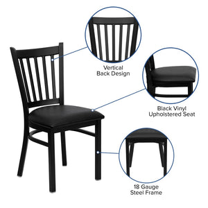 English Elm HERCULES Series Heavy-Duty Vertical Back Metal Restaurant Chair with Comfortable Foam-Padded Seat Black Vinyl Seat/Black Metal Frame XU-DG-6Q2B-VRT-BLKV-GG