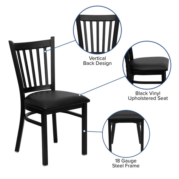 English Elm HERCULES Series Heavy-Duty Vertical Back Metal Restaurant Chair with Comfortable Foam-Padded Seat Black Vinyl Seat/Black Metal Frame XU-DG-6Q2B-VRT-BLKV-GG