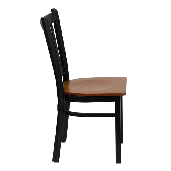 English Elm HERCULES Series Heavy-Duty Vertical Back Metal Restaurant Chair with Comfortable Foam-Padded Seat Cherry Wood Seat/Black Metal Frame XU-DG-6Q2B-VRT-CHYW-GG