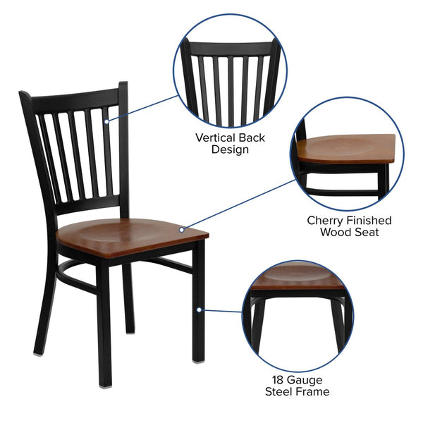 English Elm HERCULES Series Heavy-Duty Vertical Back Metal Restaurant Chair with Comfortable Foam-Padded Seat Cherry Wood Seat/Black Metal Frame XU-DG-6Q2B-VRT-CHYW-GG