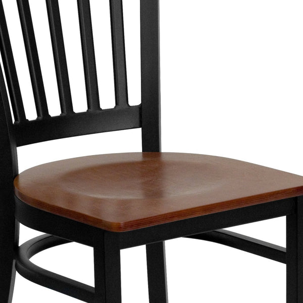 English Elm HERCULES Series Heavy-Duty Vertical Back Metal Restaurant Chair with Comfortable Foam-Padded Seat Cherry Wood Seat/Black Metal Frame XU-DG-6Q2B-VRT-CHYW-GG