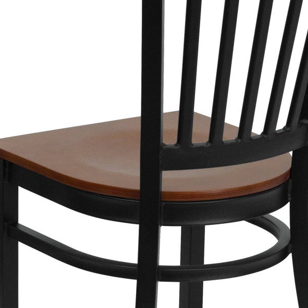 English Elm HERCULES Series Heavy-Duty Vertical Back Metal Restaurant Chair with Comfortable Foam-Padded Seat Cherry Wood Seat/Black Metal Frame XU-DG-6Q2B-VRT-CHYW-GG