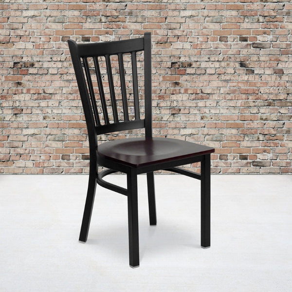 English Elm HERCULES Series Heavy-Duty Vertical Back Metal Restaurant Chair with Comfortable Foam-Padded Seat Mahogany Wood Seat/Black Metal Frame XU-DG-6Q2B-VRT-MAHW-GG