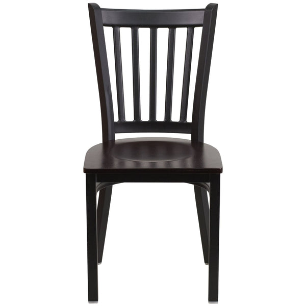 English Elm HERCULES Series Heavy-Duty Vertical Back Metal Restaurant Chair with Comfortable Foam-Padded Seat Walnut Wood Seat/Black Metal Frame XU-DG-6Q2B-VRT-WALW-GG