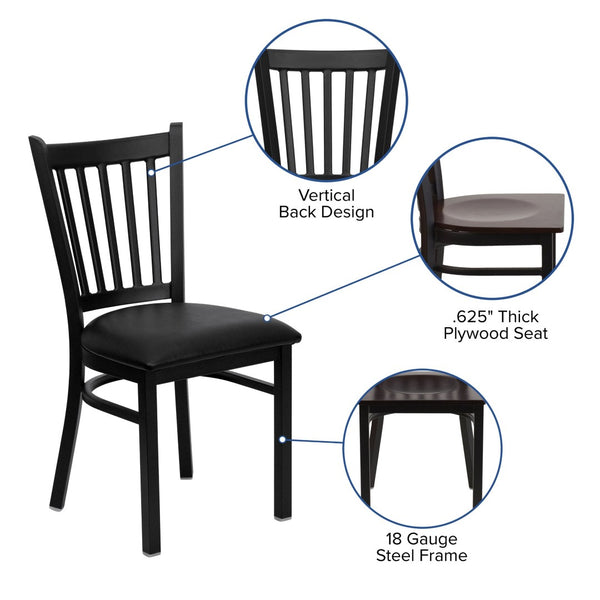 English Elm HERCULES Series Heavy-Duty Vertical Back Metal Restaurant Chair with Comfortable Foam-Padded Seat Walnut Wood Seat/Black Metal Frame XU-DG-6Q2B-VRT-WALW-GG