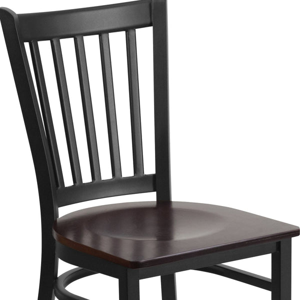 English Elm HERCULES Series Heavy-Duty Vertical Back Metal Restaurant Chair with Comfortable Foam-Padded Seat Walnut Wood Seat/Black Metal Frame XU-DG-6Q2B-VRT-WALW-GG