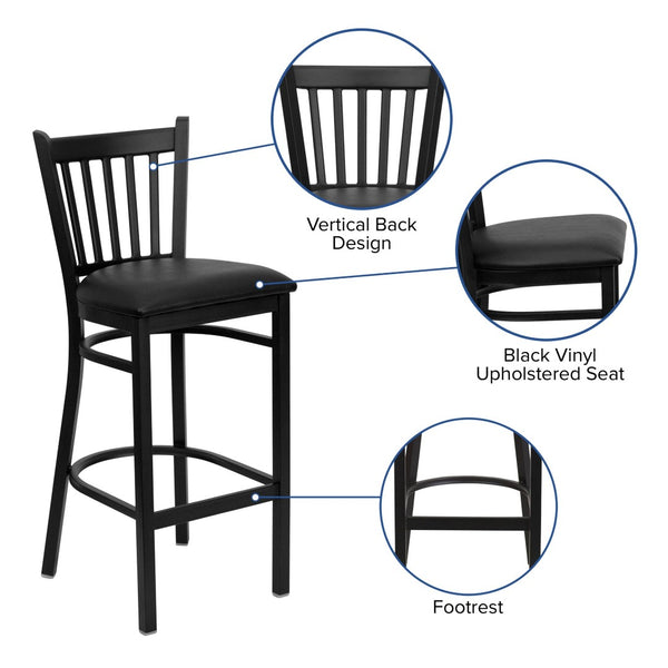 English Elm HERCULES Series Vertical Back Metal Barstool - Durable, Stylish Seating for Restaurants and Homes Black Vinyl Seat/Black Metal Frame XU-DG-6R6B-VRT-BAR-BLKV-GG