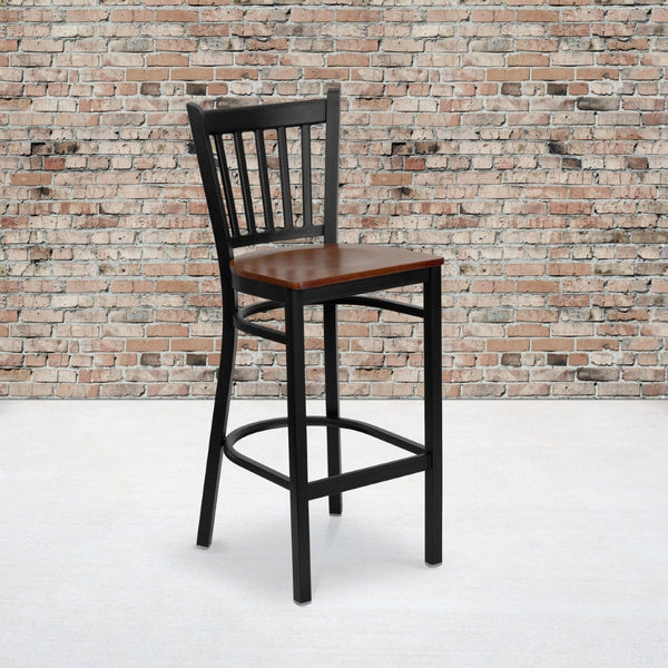 English Elm HERCULES Series Vertical Back Metal Barstool - Durable, Stylish Seating for Restaurants and Homes Cherry Wood Seat/Black Metal Frame XU-DG-6R6B-VRT-BAR-CHYW-GG