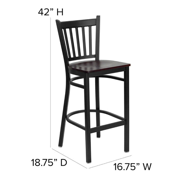 English Elm HERCULES Series Vertical Back Metal Barstool - Durable, Stylish Seating for Restaurants and Homes Mahogany Wood Seat/Black Metal Frame XU-DG-6R6B-VRT-BAR-MAHW-GG