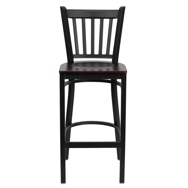 English Elm HERCULES Series Vertical Back Metal Barstool - Durable, Stylish Seating for Restaurants and Homes Mahogany Wood Seat/Black Metal Frame XU-DG-6R6B-VRT-BAR-MAHW-GG